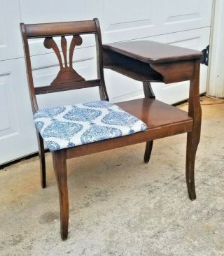 Vintage Wood Gossip Bench,  Telephone Table With Chair,  Mid - 1950’s 2
