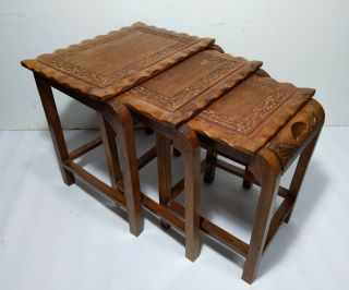 Vintage Set Of 3 - Hand Carved Wood Nesting Tables Asian Oriental Style Leaves