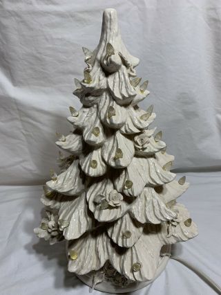 Vintage Off White Ceramic 16” Lighted Christmas Tree With Music Box B2