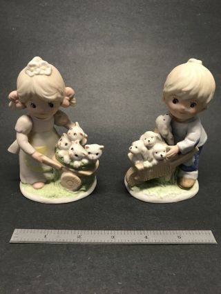 Cute Precious Moment Type Figurine Of Little Boy And Girl With Cats And Dogs