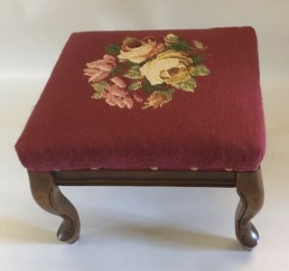 Vintage French Country Provincial Burgundy Red Needlepoint Floral Foot Stool