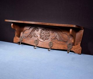 32 " Vintage French Oak Coat Rack/wood Shelf With Brass Hooks