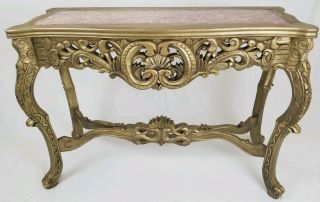 Vintage Louis Xvi French Carved Wood Console Hall Table With Marble Top 48 " Long