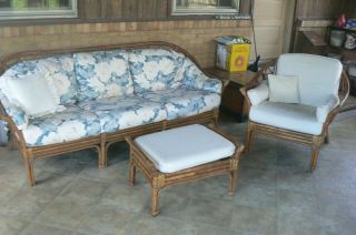 Solid Vintage Rattan Sofa,  Chair & Hassock Pf