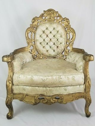Vintage Rococo Louis Xvi Tufted Carved Gilt Wood Armchair Accent Ornate French