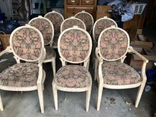Set Of 8 Lovely Carved Dining Chairs,  Round Back Upholstered Seat