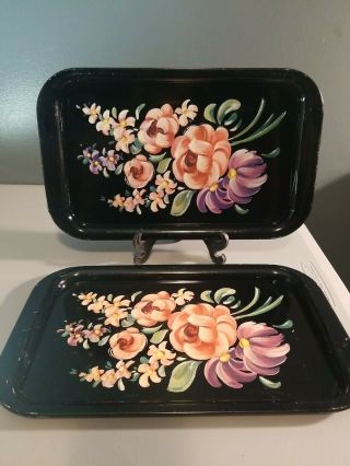 2 Vintage Metal Serving Trays - Black W/ Floral Designs 14 " X 8 3/4 "