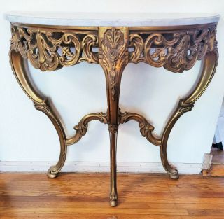 Vtg Marble Top Giltwood French Style Entryway Demilune Console Table Base Only