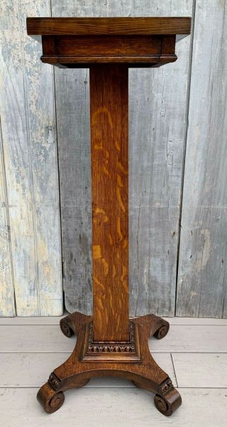 Antique Victorian Tiger Oak 37 " Tall Pedestal Plant Stand W/ Scroll Feet C.  1880