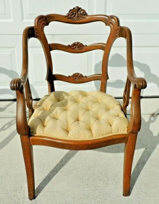 Antique/vtg Solid Oak Wood Carved & Tufted Accent Arm Chair