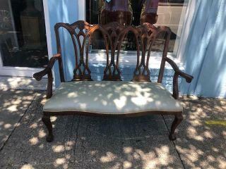 Antique Loveseat,  Sofa Chippendale Style Mahogany Settee With Grey/blu Fabric