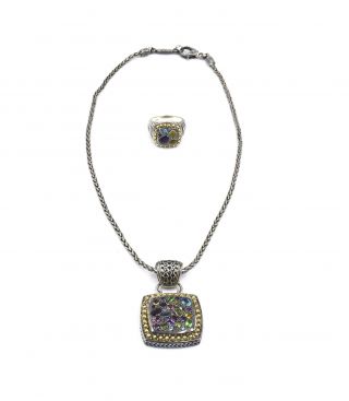 Vintage Effy Multi Gemstone Necklace Ring Suite Sterling Silver Size 7.  25 Signed