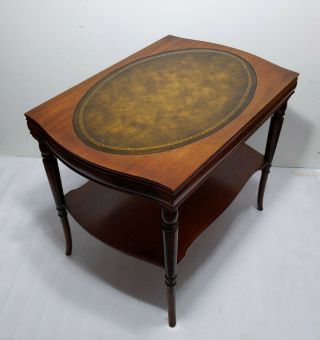 Vintage Antique 2 - Tier Leather Top Wood End Table English Regency Style