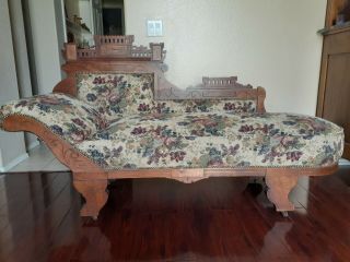 Antique Eastlake Victorian Carved Walnut Chaise Settee 70 " Reupholstered