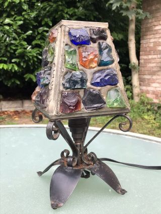 Mid Century Peter Marsh Wrought Iron Coloured Glass Table Lamp 1950s Arts Crafts 2