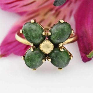 14k Yellow Gold Vintage Green Moss Agate Flower Ring Size 5.  75