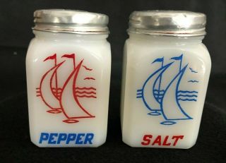 Tipp City Salt And Pepper Shakers Milk Glass Sailboats Vintage