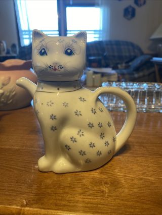 Vintage Hand Painted Ceramic Cat Tea Pot Blue Flowers White Cat