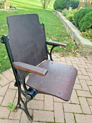 Antique Vintage Cast Iron Wood Theater Seat Folding