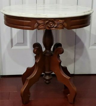 Oval Victorian Carved Mahogany Marble Top Side/ Lamp Table 23,  5 "