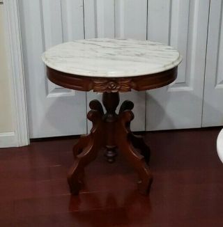 Oval Victorian Carved Mahogany Marble Top Side/ Lamp Table 23,  5 