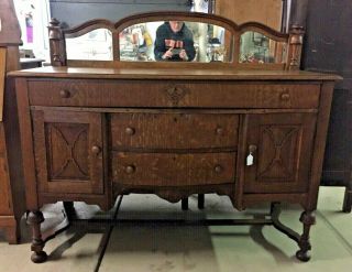 Vintage Country Oak Sideboard Buffet With 3 Section Mirrored Back Splash
