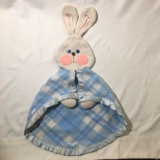 Vtg Fisher Price 1979 Blue White Plaid Bunny Rabbit Lovey Security Blanket