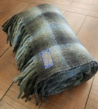 Vintage 1960s Pendleton Shadow Plaid Wool Blanket Throw Fringed Black Blue Usa