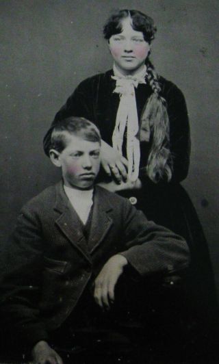 Tintype Photo Of Pretty Girl With Long Braided Waist Length Hair & Handsome Boy