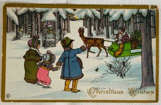 Vintage Christmas Postcard By Stecher - Children Waving To Santa Claus’ Sleigh