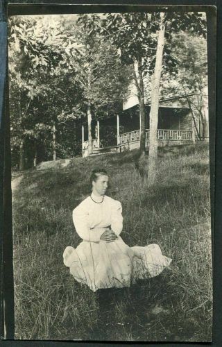 Rppc Dreamy Young Woman By Old Home - Antique Real Photo Postcard C1910