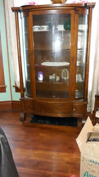 Antique China Cabinet Curved Glass,  Pillars And Drawer