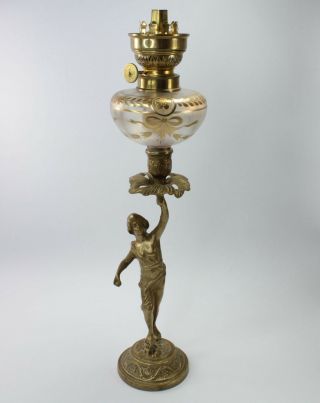 Oil Lamp Base Brass & Glass Antique Victorian Figural Hand Painted 19th Century