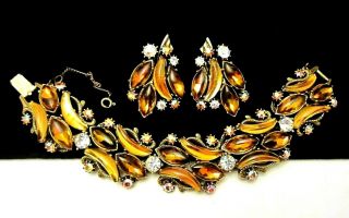 Rare Vintage Signed Florenza Amber Orange Rhinestone Bracelet & Earring Set A6