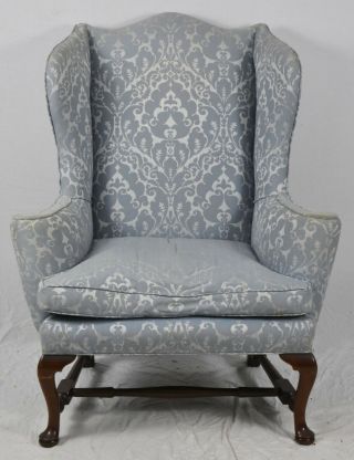 Kittinger Williamsburg Queen Anne Mahogany Wing Chair Blue Damask Fabric Cw 44