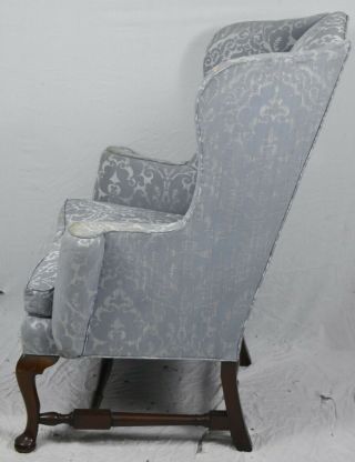 Kittinger Williamsburg Queen Anne Mahogany Wing Chair Blue Damask Fabric CW 44 2