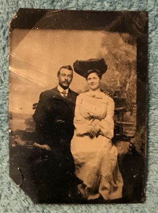 Antique Tintype Metal Photo Photograph Of Man And Woman Couple