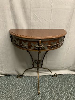 Vintage Spanish Revival Wood And Wrought Iron 1/2 Round Side Entry Hall Table