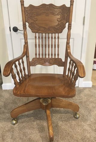 Victorian Antique Oak Swivel Adjustable Desk Chair - Pressback/carved - - Curved Arms