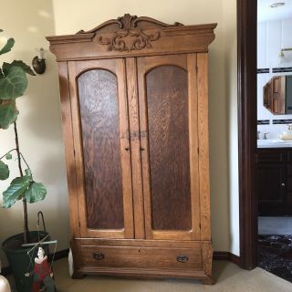 Antique Oak Armoire/wardrobe From Brooklyn Church With Shelves And Drawer