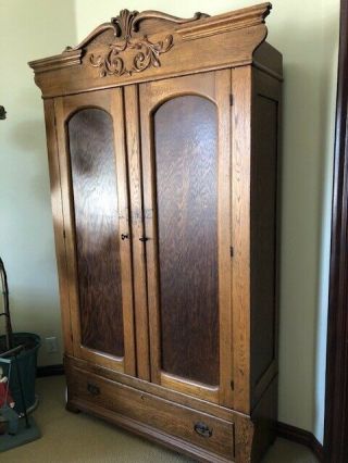 Antique Oak Armoire/Wardrobe From Brooklyn Church With Shelves And Drawer 2
