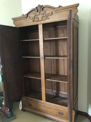 Antique Oak Armoire/Wardrobe From Brooklyn Church With Shelves And Drawer 5
