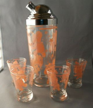 Vintage Hazel Atlas Pink Elephant Cocktail Shaker With 4 Matching Glasses
