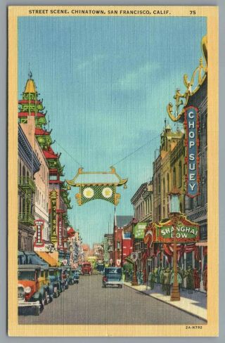 Postcard San Francisco Ca Chinatown Street Scene Vintage Cars Unposted Linen