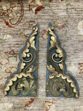 Pair Antique 19th Century Italian Gilt Wood Architectural Fragments Painted
