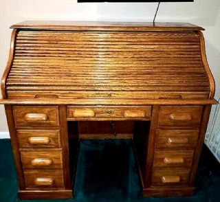 Vintage Solid Oak Roll Top School Office Wood Wooden Desk Pick Up Only