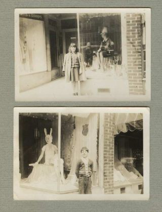 2 Vintage Photos Boy Girl Pose By Costumes Mannequins In Shop Window 1930s