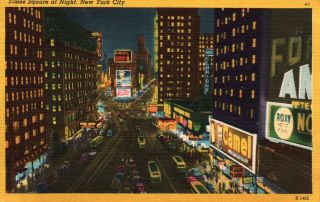 York City,  Ny,  Times Square At Night,  1949 Linen Vintage Postcard Old Pc A188