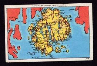 Old Vintage Postcard Map Of Mt Desert Island Maine Me