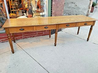 Victorian Antique 8 Foot Oak Harvest Library Table With 6 Legs & 4 Drawers